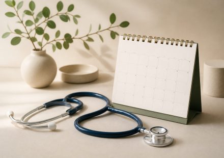 Desk with a stethoscope and calendar - illustration for Why keeping personal health information updated improves care