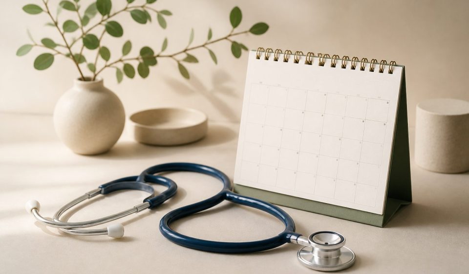 Desk with a stethoscope and calendar - illustration for Why keeping personal health information updated improves care