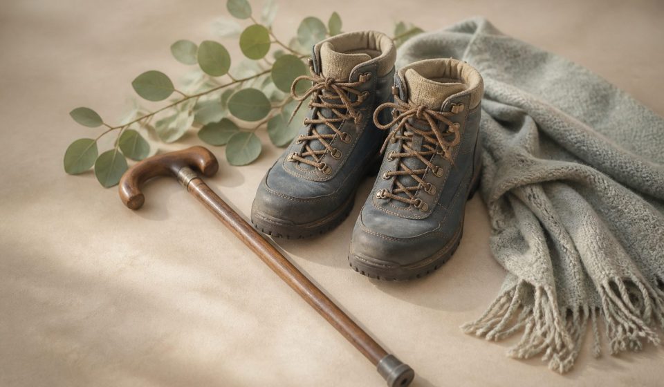 Walking cane beside sturdy hiking boots - illustration for Why setting realistic milestones is key to physical recovery success
