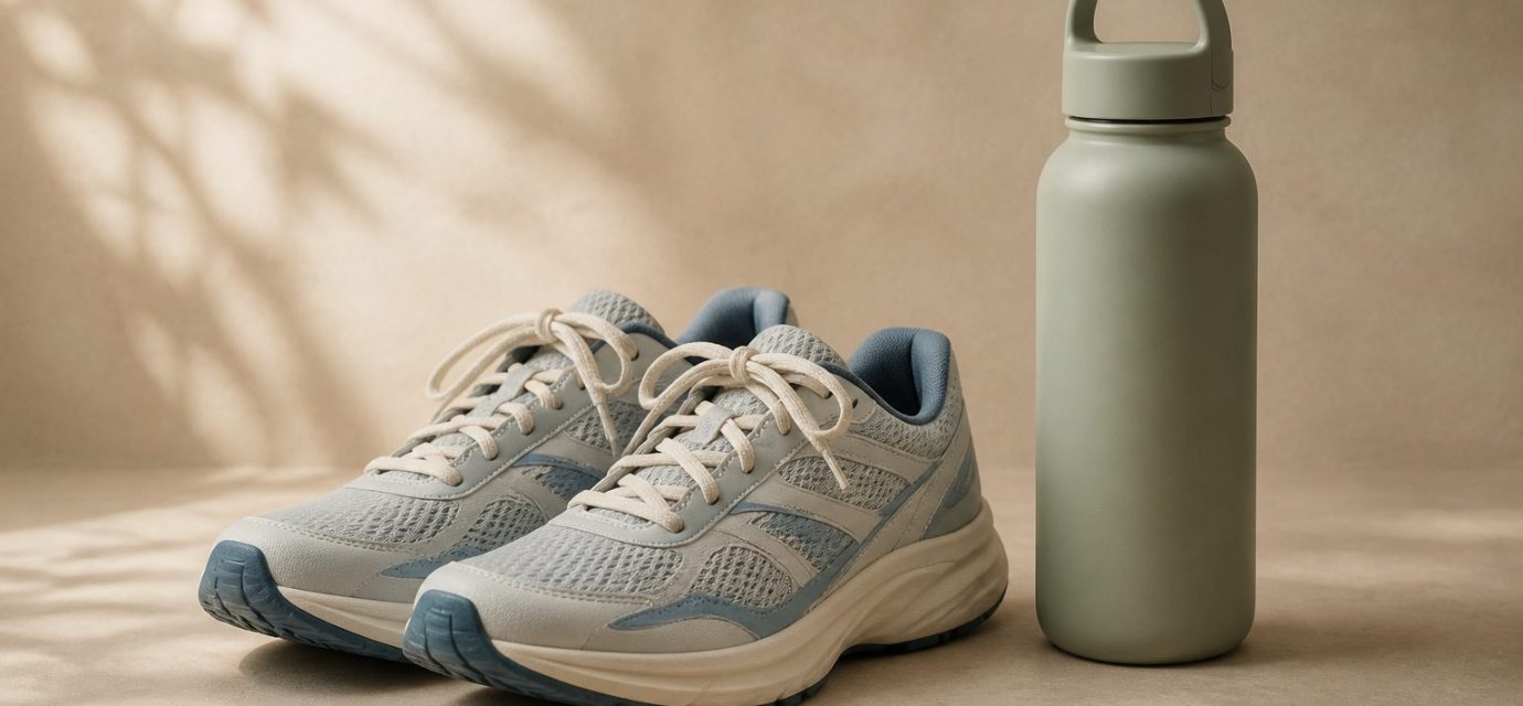 Water bottle beside a pair of running shoes - illustration for Why physical and mental recovery feel different and how you recharge