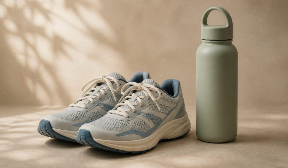 Water bottle beside a pair of running shoes - illustration for Why physical and mental recovery feel different and how you recharge