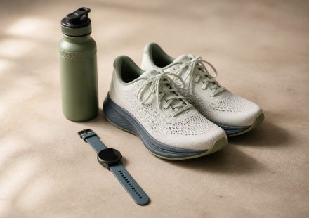 Running shoes water bottle and wristwatch on floor - illustration for Why Recovery Needs Can Differ After the Same Physical Activity