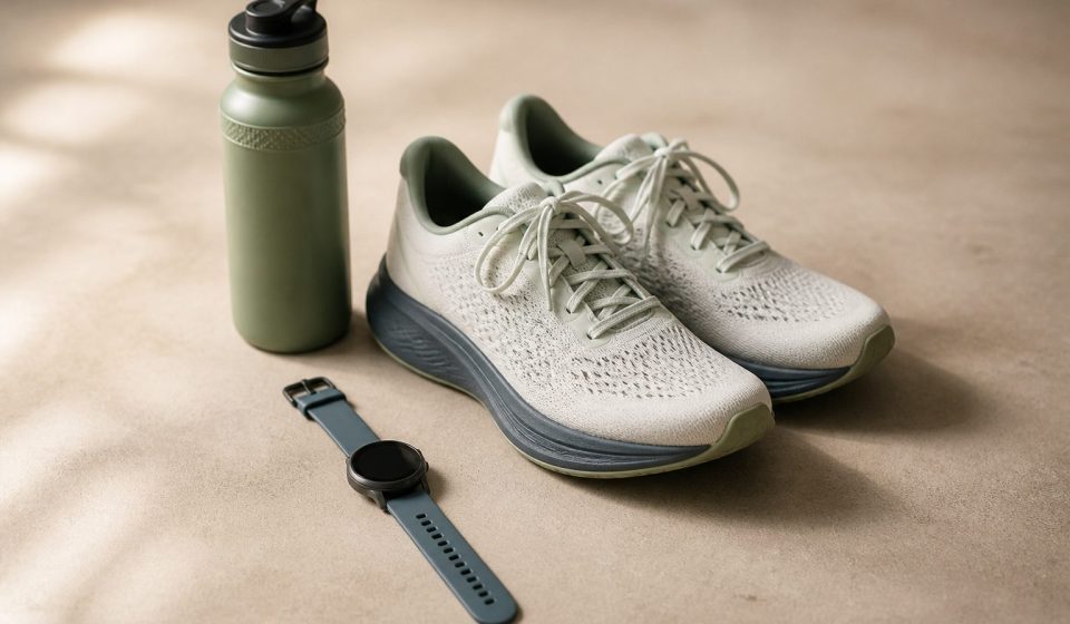 Running shoes water bottle and wristwatch on floor - illustration for Why Recovery Needs Can Differ After the Same Physical Activity