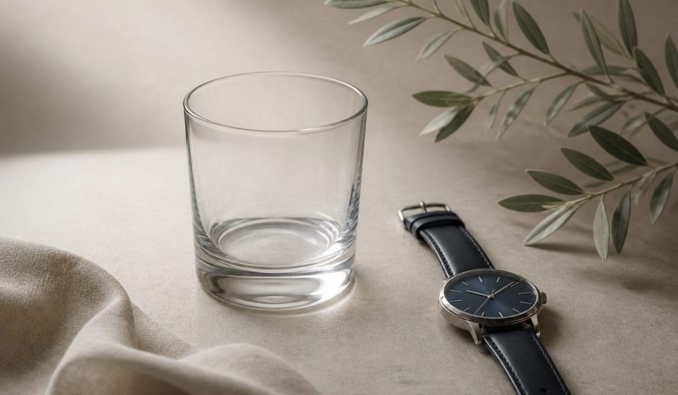Empty glass of water and wristwatch - illustration for Why recovery time varies from person to person