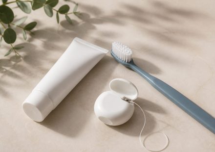 Toothbrush toothpaste and dental floss on countertop - illustration for Why regular dental care matters for your overall health