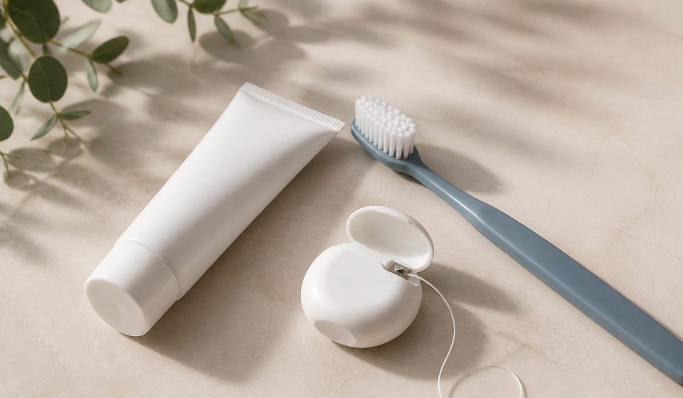 Toothbrush toothpaste and dental floss on countertop - illustration for Why regular dental care matters for your overall health