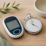 Glucometer and stopwatch on wooden table - illustration for Why rehab relies on objective measurements to track progress