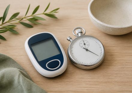 Glucometer and stopwatch on wooden table - illustration for Why rehab relies on objective measurements to track progress