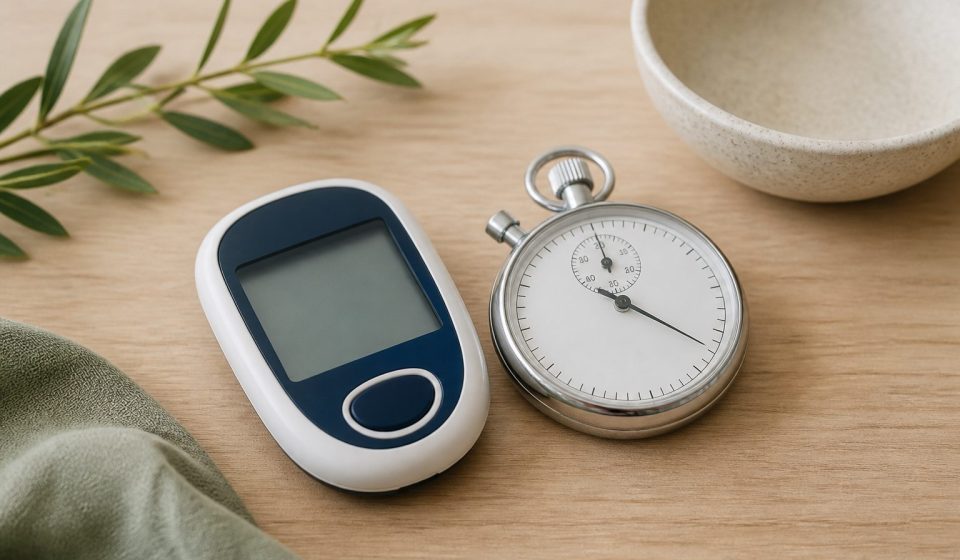Glucometer and stopwatch on wooden table - illustration for Why rehab relies on objective measurements to track progress