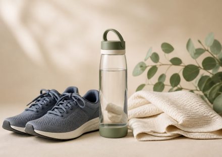 Water bottle next to running shoes and towel - illustration for Why safe exercise matters for beginners starting fitness right