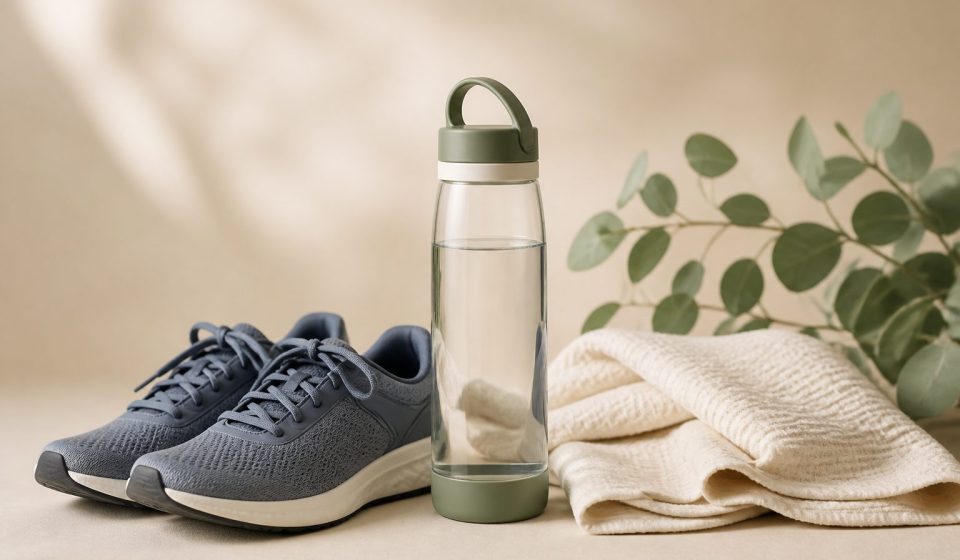 Water bottle next to running shoes and towel - illustration for Why safe exercise matters for beginners starting fitness right