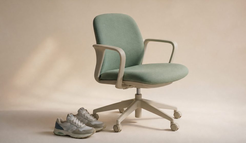 Office chair next to a pair of sneakers - illustration for How sitting for long hours affects how your body feels