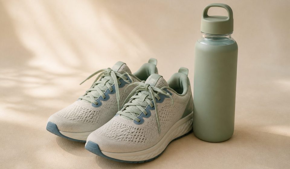 Running shoes next to a water bottle - illustration for Why sudden changes in activity can feel tough on your body