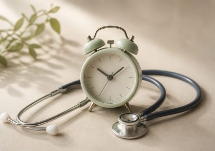 Alarm clock beside a stethoscope on table - illustration for Why Timely Medical Care Saves Lives