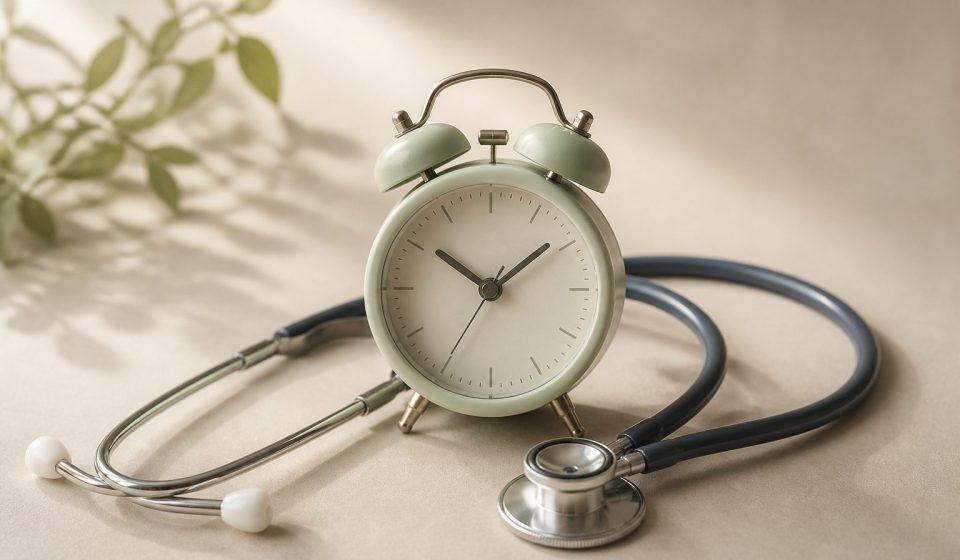Alarm clock beside a stethoscope on table - illustration for Why Timely Medical Care Saves Lives