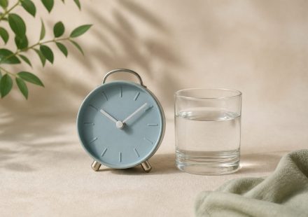 Alarm clock beside a glass of water - illustration for How knowing your sleep pattern can guide lifestyle changes