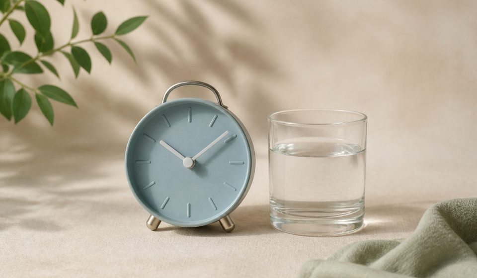 Alarm clock beside a glass of water - illustration for How knowing your sleep pattern can guide lifestyle changes