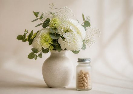 Vase with fresh flowers and vitamins bottle - illustration for Why Women Should Visit a Women’s Health Clinic Regularly