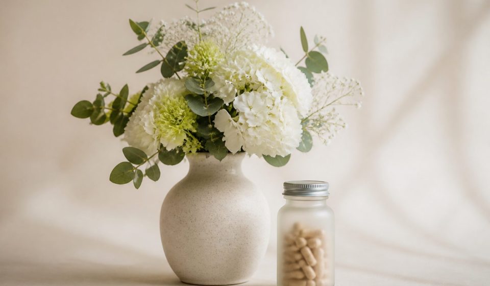 Vase with fresh flowers and vitamins bottle - illustration for Why Women Should Visit a Women’s Health Clinic Regularly