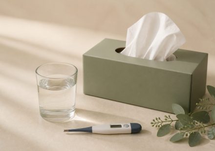 Tissue box glass of water thermometer on table - illustration for Why You Should Not Ignore Minor Health Problems