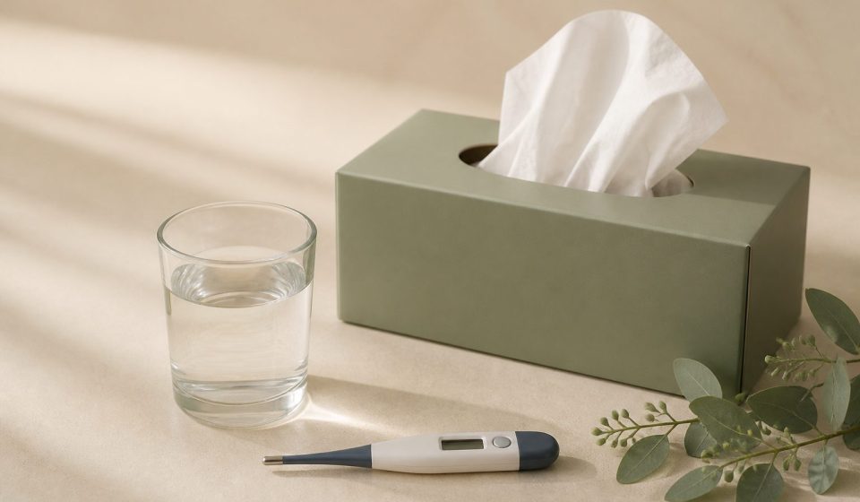 Tissue box glass of water thermometer on table - illustration for Why You Should Not Ignore Minor Health Problems