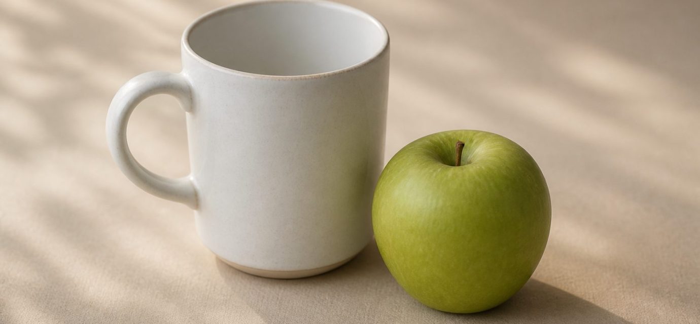 White ceramic mug and fresh green apple on table - illustration for Why your blood pressure readings matter at every checkup