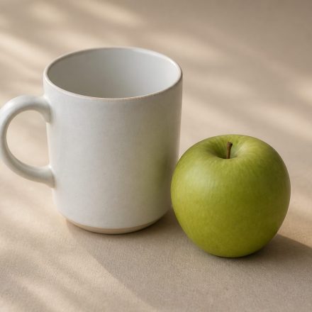 White ceramic mug and fresh green apple on table - illustration for Why your blood pressure readings matter at every checkup