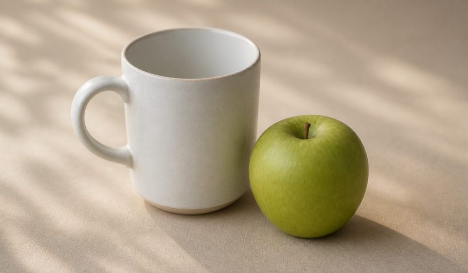 White ceramic mug and fresh green apple on table - illustration for Why your blood pressure readings matter at every checkup